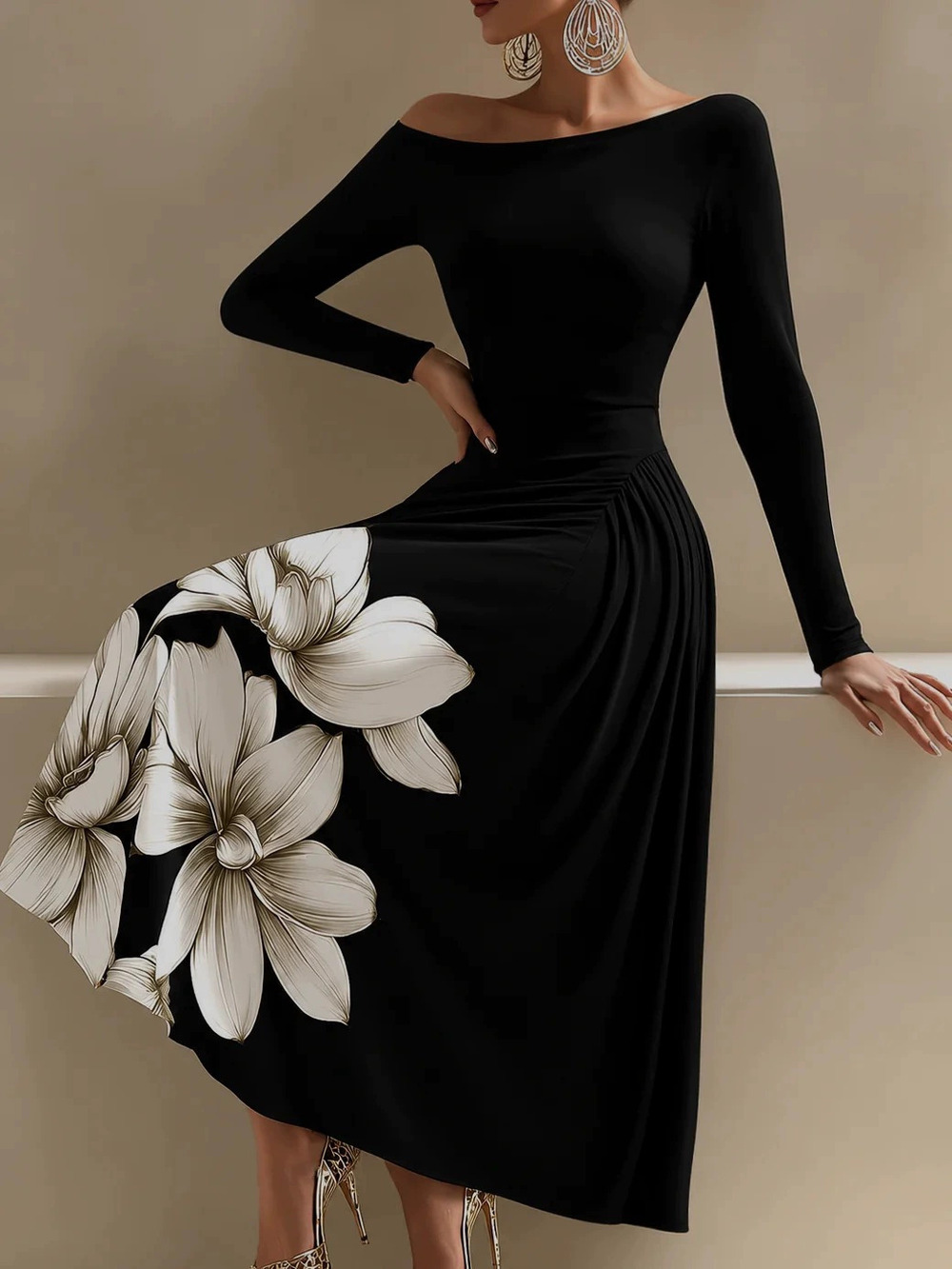 ZARA Black Large Floral Off Shoulder Long Sleeve Midi Dress